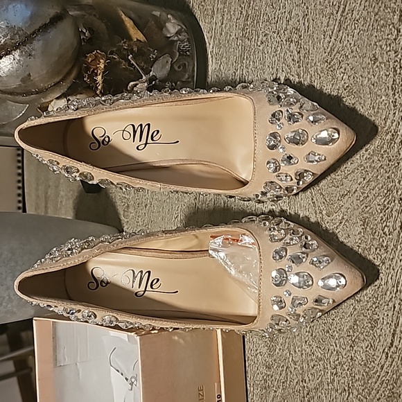 Nude Suede Rhinestone Heels - Picture 3 of 4